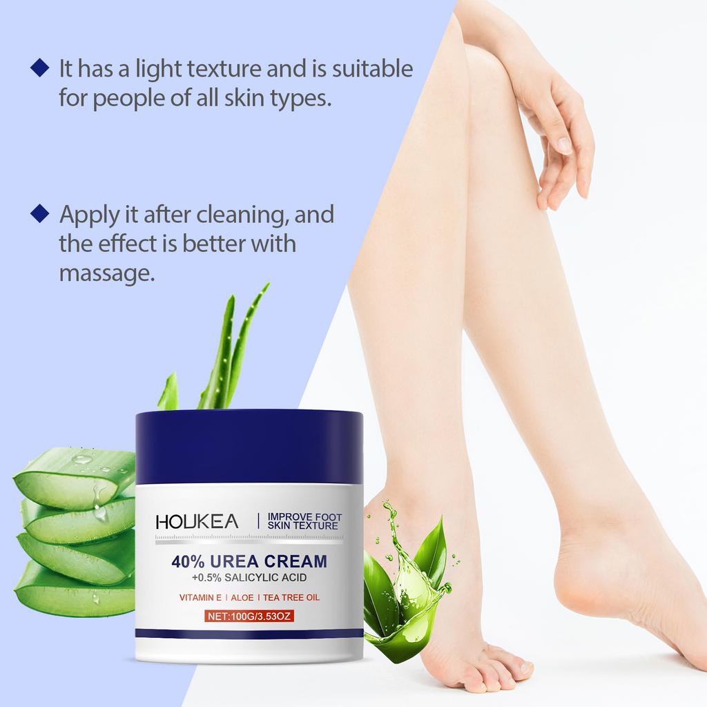 HOUKEA 40% Urea Foot Cream 100g With Salicylic Acid Vitamin E Aloe Tea Tree Oil Exfoliating Moisturizing For Cracked Heels Calluses Rough Skin