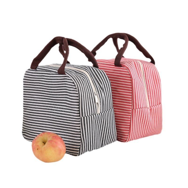 Striped Simple Insulated Lunch Bag Portable Handheld Storage Cooler Tote