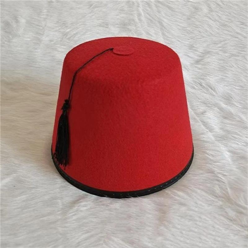 Round Felt Fez Cap Breathable Red Color Fez Hat Moroccan Hat Cosplay Turkish Tassels Cap Festival Supplies