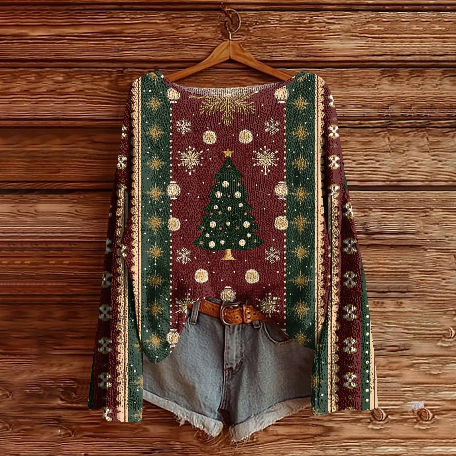 

Женский легкий свитер с рождественским принтом, повседневный вязаный пуловер с длинным рукавом XL винный