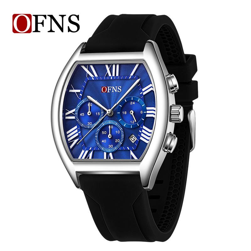 OFNS Men's Barrel-Shaped Waterproof Quartz Watch - Multifunctional Calendar with Three-Eye, Six-Hand Design, Casual Style.