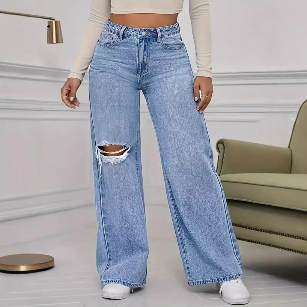Women's High Waist Straight Leg Jeans Pants Streetwear Ripped Loose Fit Denim