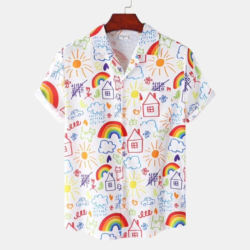 Summer Rainbow Men s Holiday Lapel Kamisa Oversized Hawaiian Shirt 3d Printed Fashionable Men s and Women s Beach Short-Sleeved S