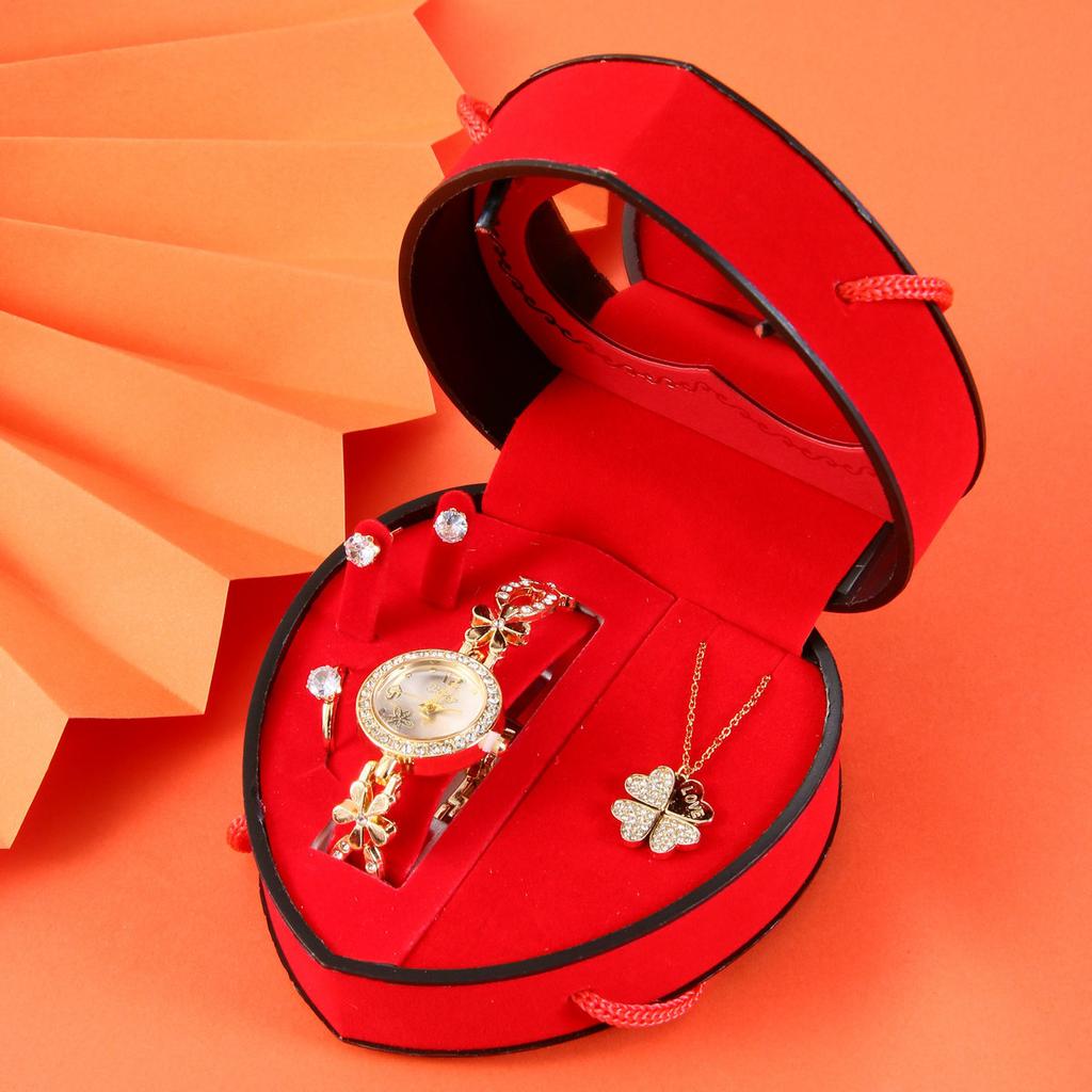 Women Watch Jewelry Gift Set Quartz Watch Rhinestone Necklace Earrings Ring Set Heart Shaped Gift Box Valentine's Day Gift Set