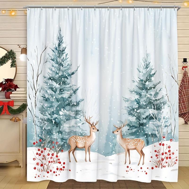 

Christmas Wonderland Shower Curtain - Watercolor Forest With Pine Trees, Red Berries & Reindeer Design, Includes Hooks, Durable W60H190(CM)-1 Pcs