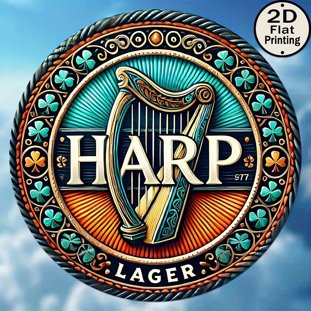 Harp Lager Irish Beer Shamrock Round Metal Sign D Flat Printed Vintage Celtic Harp Art Tin Plaque Retro Bar Pub Wall Decor 20x20cm(8x8inch)