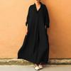 Autumn Spring Women Maxi Dress A-line Relaxed Fit Hem Long Sleeves V-Neck Pleated with Side Pockets Pullover Pure Color Daily Wear Dre