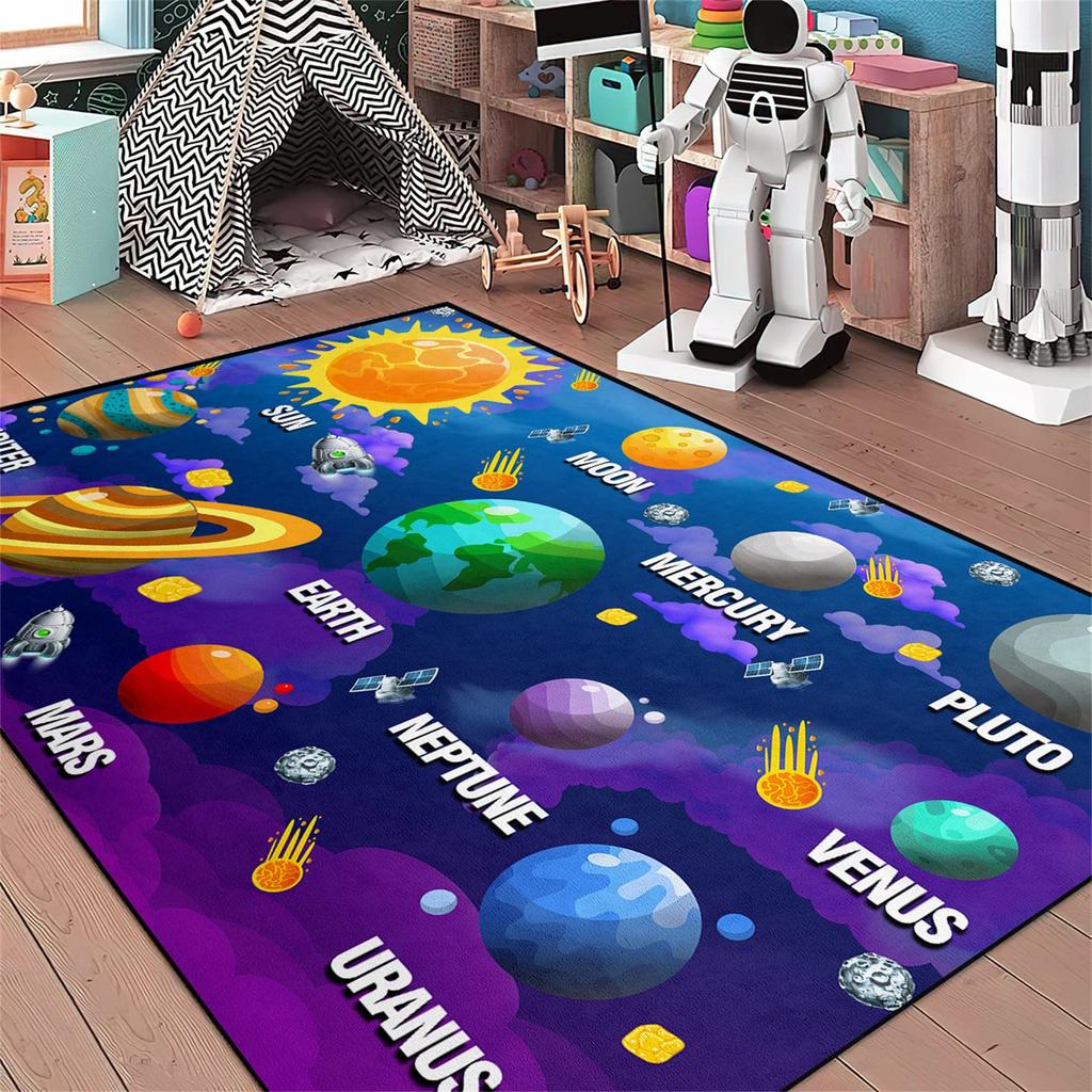 VIKAMA Solar System Planets Theme Rug Bedroom Educational Learning Mat Soft Non-Slip Indoor Area Children's Rug Home Decor