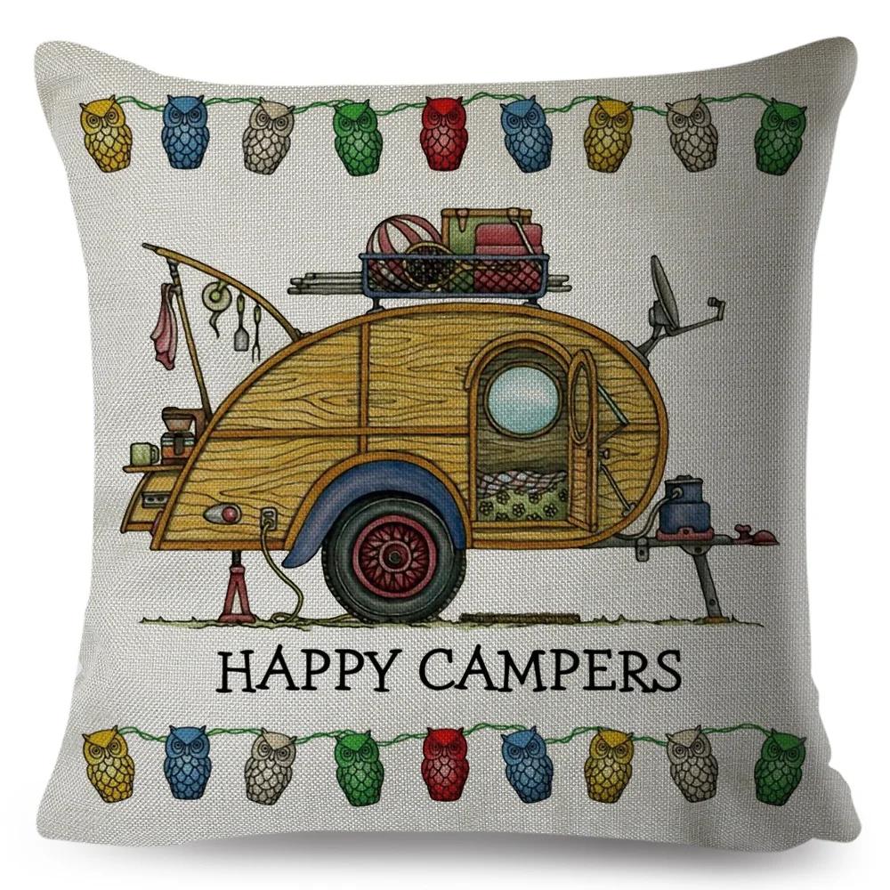 Happy Camper Pillowcase Decor Cartoon Travel Car Printed Pillow Case for Home Sofa Children Room Polyester Cushion Cover 45x45cm