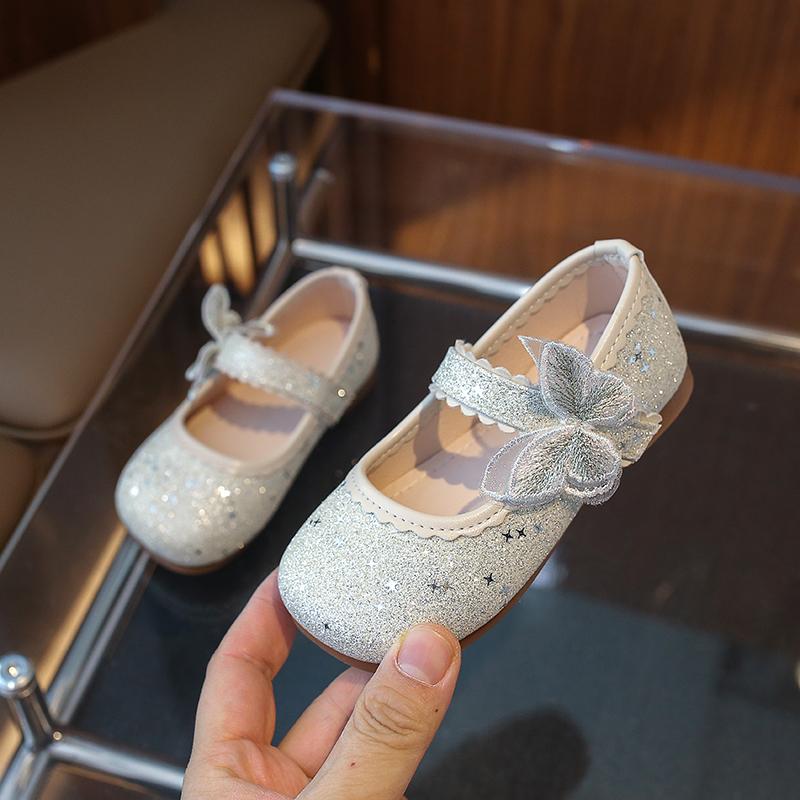 2024 Spring New Girls Mary Janes for Party Wedding Shows PU Butterfly Simple Non-slip Children Fashion Casual Shoes Kids Flats