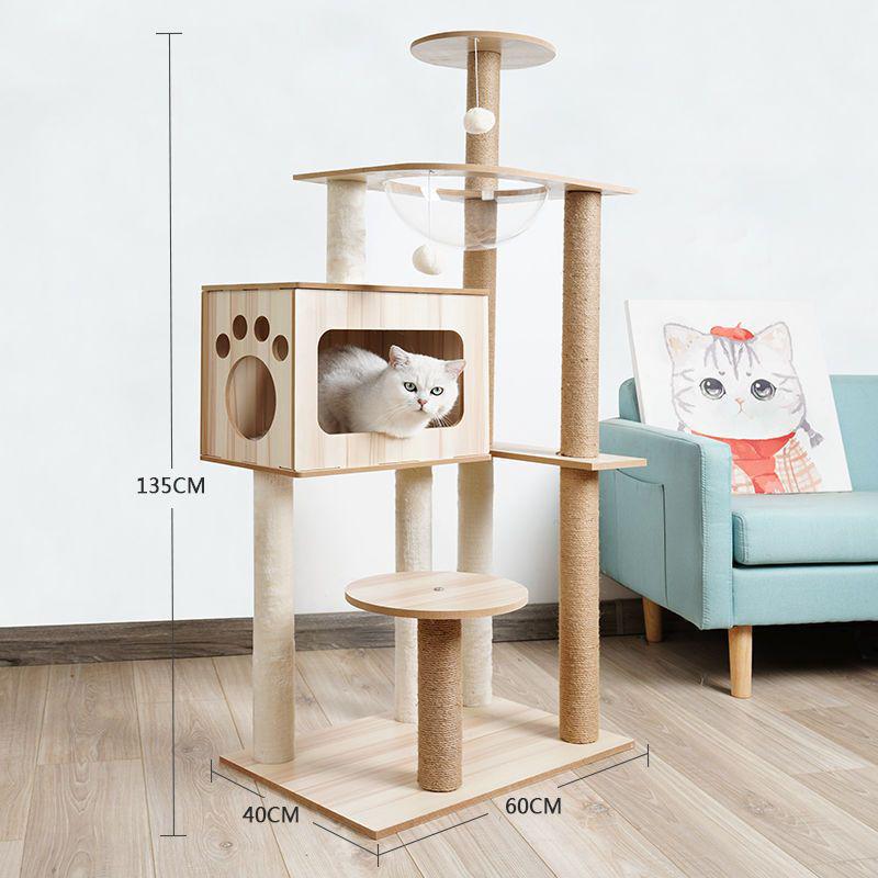 Solid Wood Cat Tree with Bed, Scratching Post, and Bubble Perch for Kittens