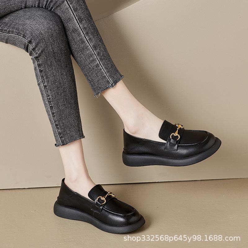 Leather Women's 2026 Spring and Autumn New Thick-soled Heightening Soft-soled Black British-style Small Leather Shoes