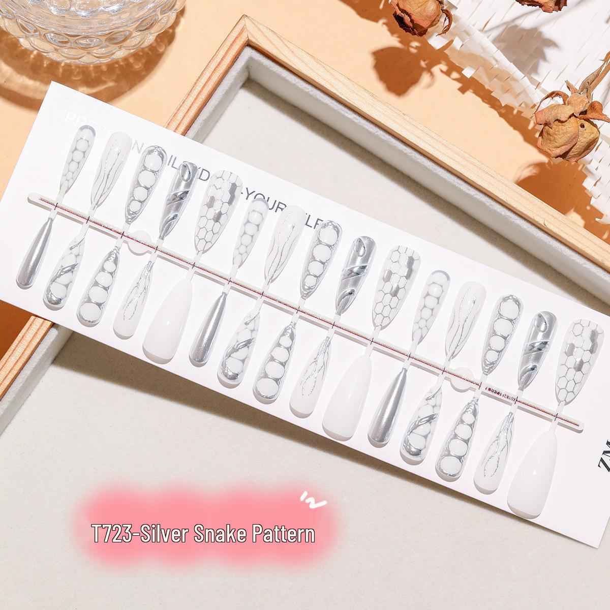 

Silver Glitter Snake Print Almond 3D Gilding Press-On Nails with Lace Lines - High-End Nail Art Stickers Full Set S/S/S