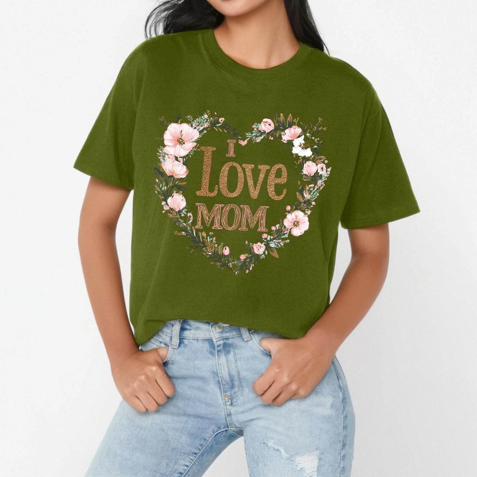 

Женская повседневная свободная футболка с принтом «День матери» I LOVE MOM, круглый вырез, короткий рукав, пуловер L армия зеленый