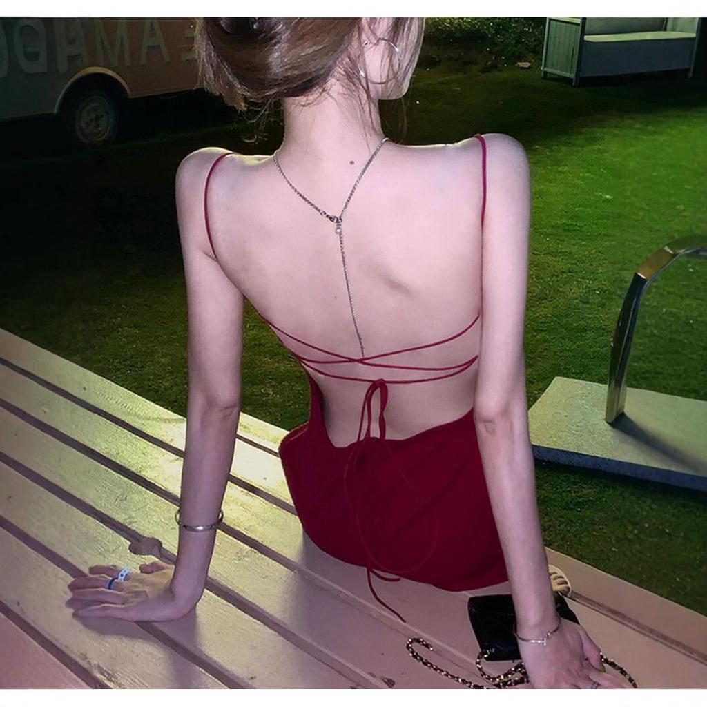 Small suspender dress 2026 new summer waist sexy backless chic design sense a-word skirt children