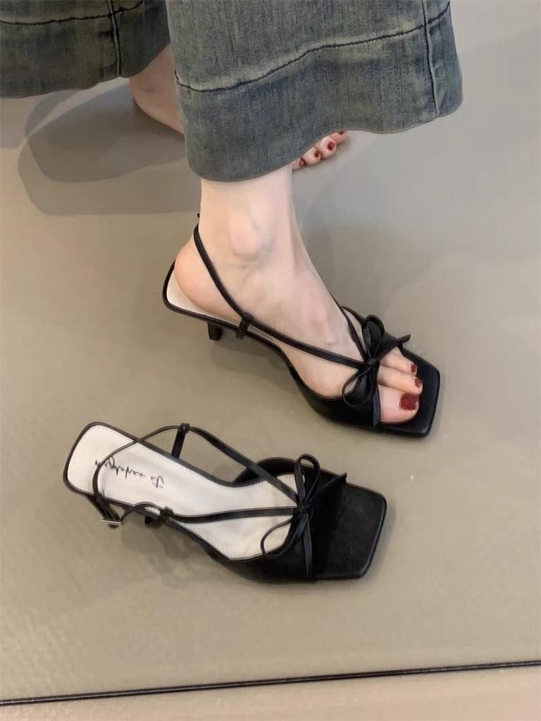 Fairy Wind French Square Head Bow Open-toed Sandals Female 2025 Summer New Rear Strap Stiletto High Heels Women's Shoes