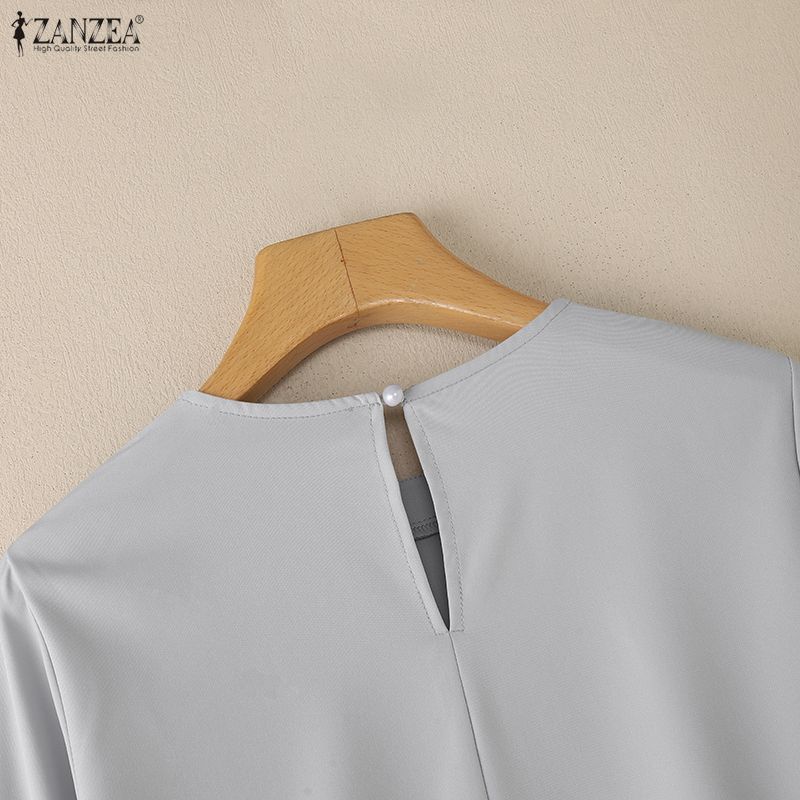 ZANZEA Women Casual Round Neck Print Splice Long Sleeve Loose Blouse