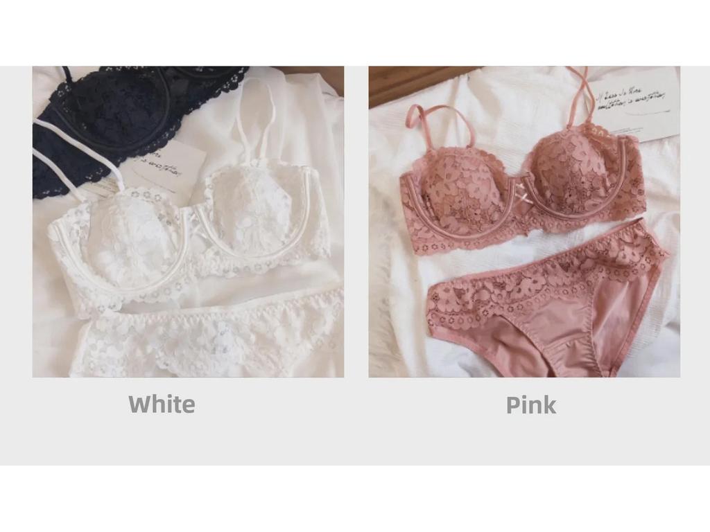 French Lace Embroidered Underwear Set: Soft Half-Cup Bra with Underwire & Cotton, Perfect for All Bust Sizes