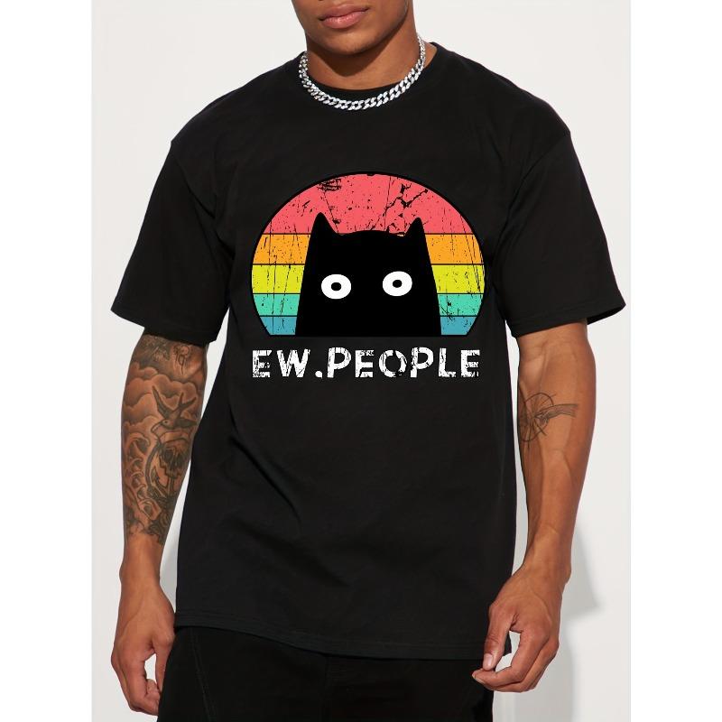 European sizes Men's Casual Trendy Black Cat Print T-shirt, Short Sleeve Crew Neck Hip Hop Style Tees For Summer Holiday Gift