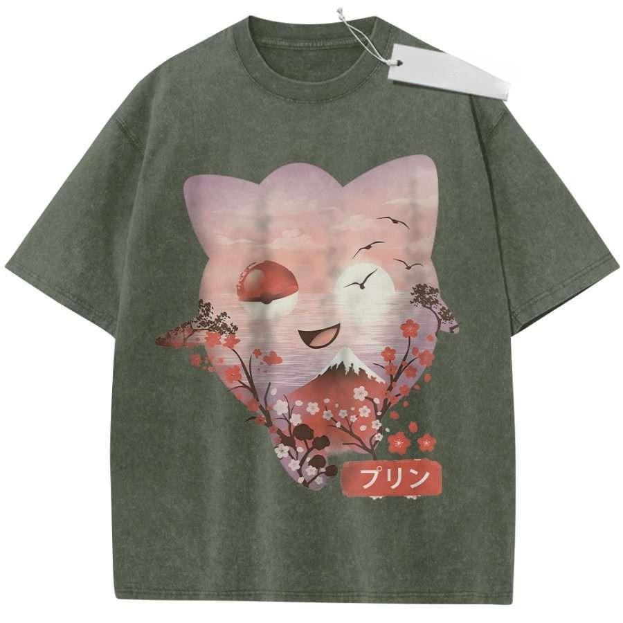 Unisex Washed Pink Vintage T Shirt Pokmon Jigglypuff Scenic View High Quality Fabric for Home Leisure Travel Shopping