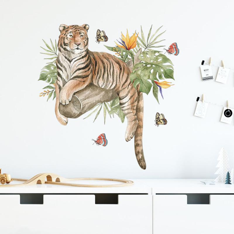 Wall Decals Wall Sticker Watercolor Cartoon Animals Tiger Tropical Green Plant Butterfly Wallpaper