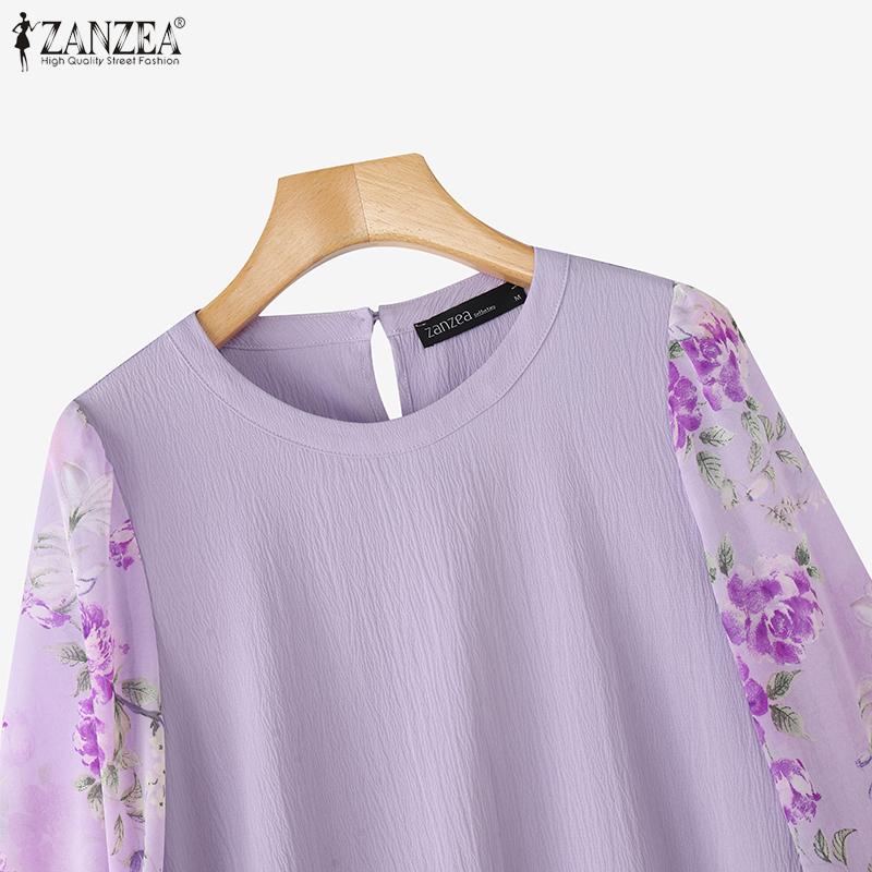 ZANZEA Women Casual Floral Print Splice Long Sleeve Round Neck Loose Blouse