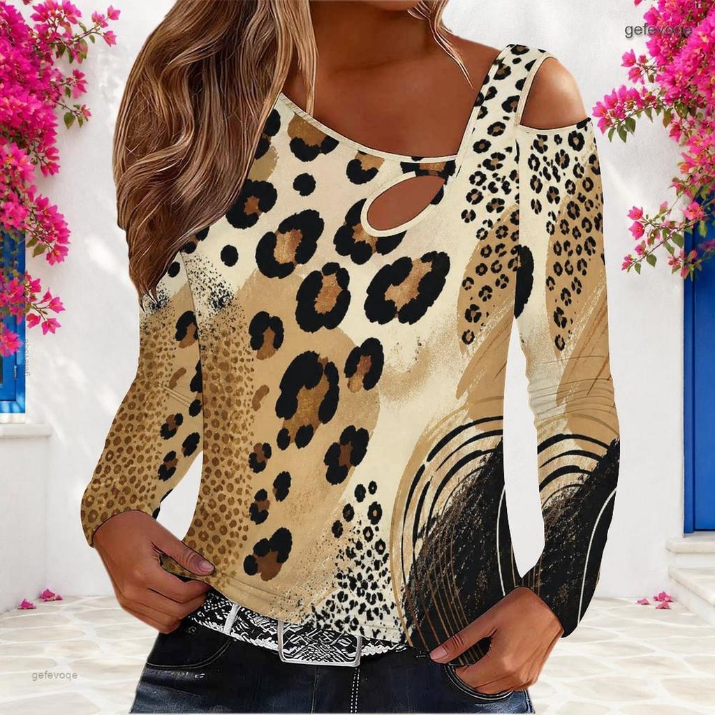 Women Plus Size Asymmetric Cutout Neck Cold Shoulder Long Sleeve Printed Fitted Blouse