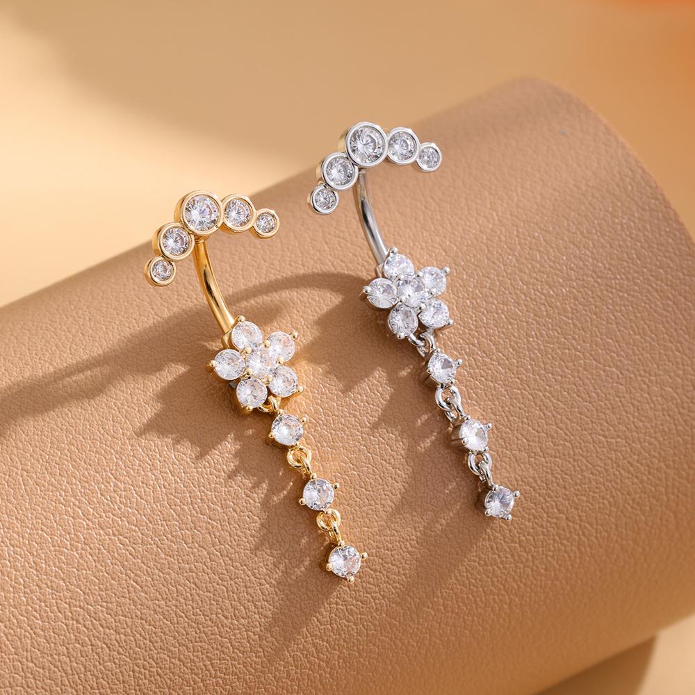 Gold Stainless Steel Long Dangle Flower CZ Belly Button Ring for Women