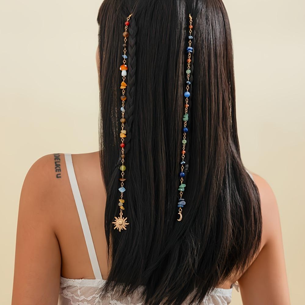 2Pcs Headwear Exquisite Sun Moon Pendant Multicolored Stone Bead Hair Additions for Braids