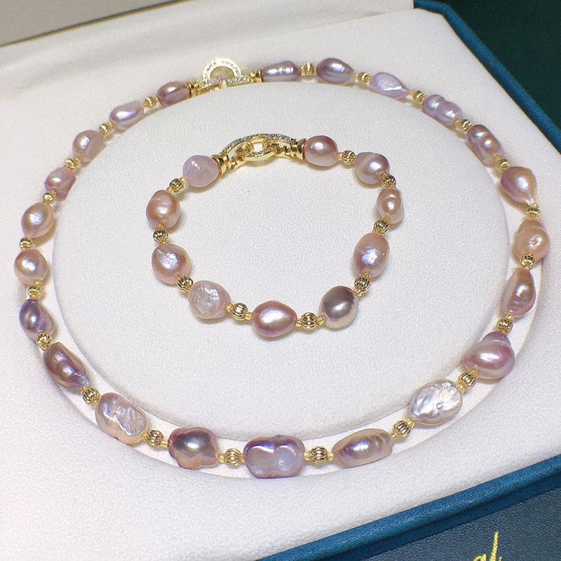 Purple Baroque Freshwater Pearl Necklace & Bracelet Set for Women - Trendy, Irregular Shape, Personalized Fashion. Taobao, Pinduoduo, Kuaishou