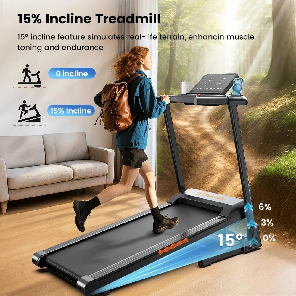 Formill FT61 3.0 Horsepower Folding Treadmill, 15° incline, 13.5 km/h, 17×43 inch belt, 300 lbs load, quiet, LCD, home shock absorption