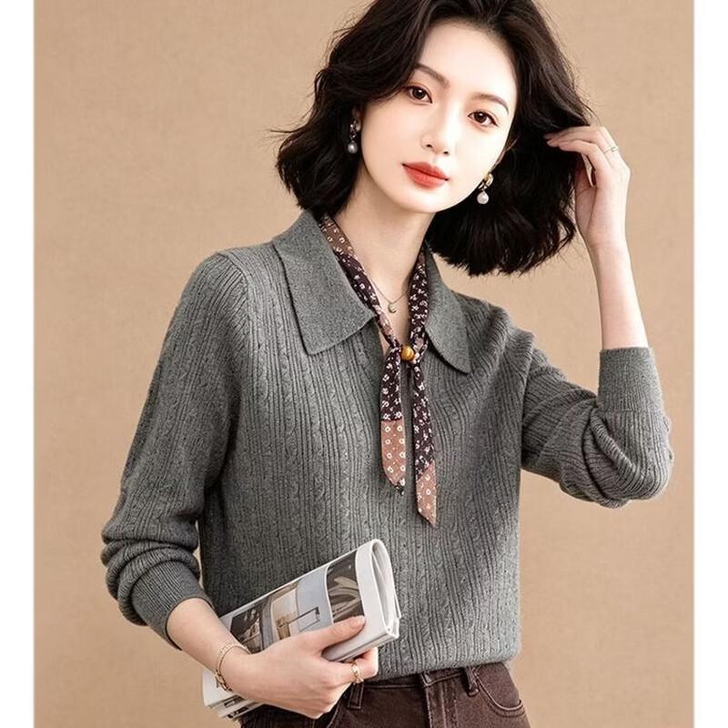 Women's Ribbed Knit Long-Sleeve Collared Sweater with Ribbon Detail