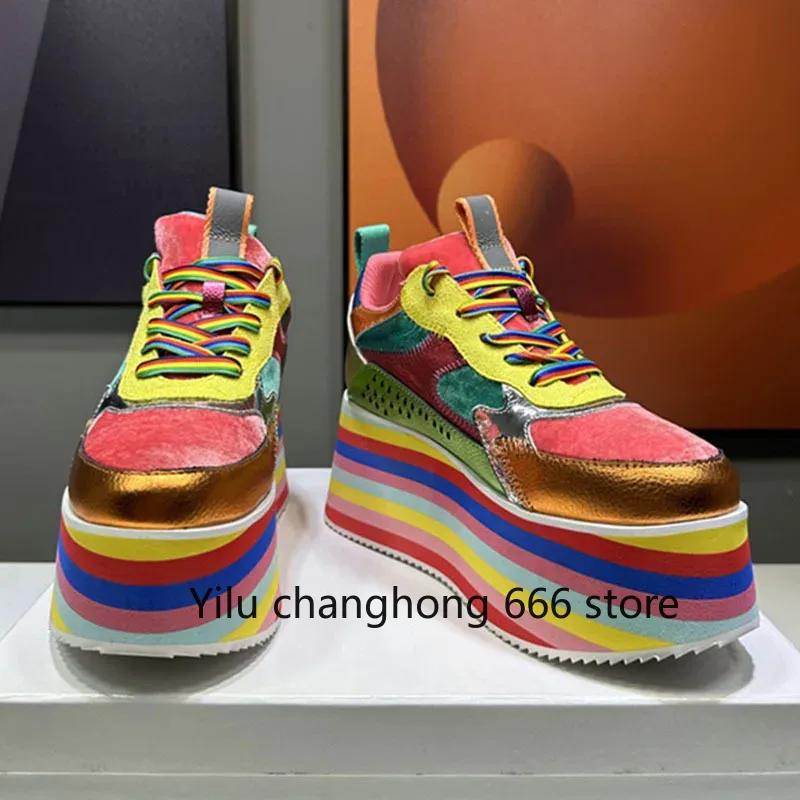 Spring Autumn New Women Colourful Sneakers High Platform Shoes Heels Chunky Casual Dad Shoe Genuine Leather Thick Bottom Fashion