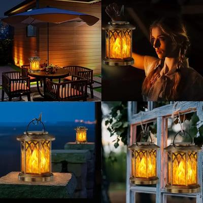 Solar Metal Flickering Flame LED LanternOutdoor Hanging Light HeavyDuty Solar Powered for Yard PatioChristmas Holiday Decoration