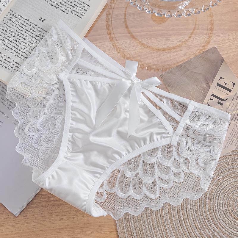 French High-Slit Satin Lace Bow Panties - Sexy, Breathable, Lightweight, Low-Waist Triangle Design