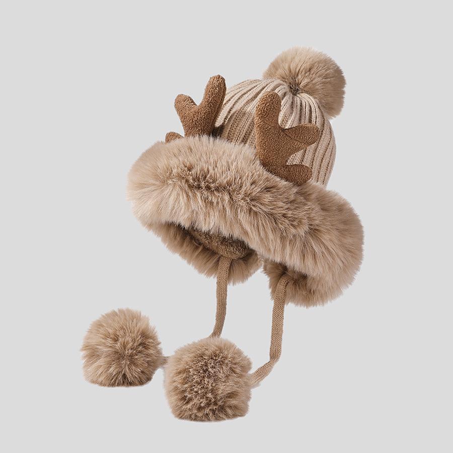 Cute Ears Plush Winter Hats for Women Beanies Deer Antler Fur Pompom Knit Bonnet Fluffy Winter Cap Bomber Hats Women Gorro