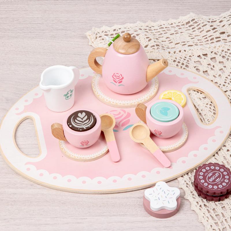 Wooden Afternoon Tea Play House Ice Cream Game, Children's Simulated Teapot Tea Set Interactive Kitchen Educational Toys