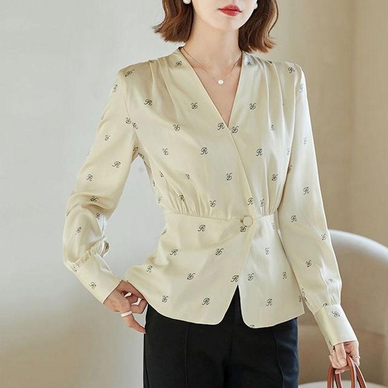 Casual Single Button V-Neck Shirt Commute Letter Printed Women's Clothing Long Sleeve Spring Autumn Stylish Waist Spliced Blouse