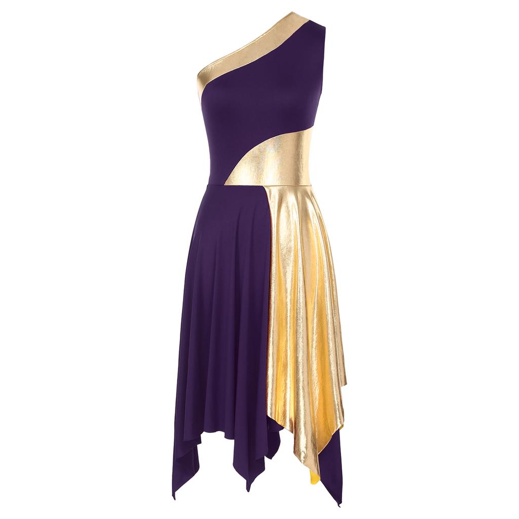 Womens Metallic Worship Praise Dance Dress Color Block One Shoulder Irregular Hem Sleeveless Dresses Performance Costume