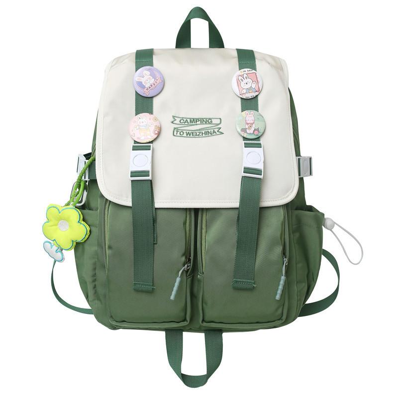

Simple Color Blocked Letter Embroidery Student Backpack With Badge And Pendant For School And Daily Use зелений
