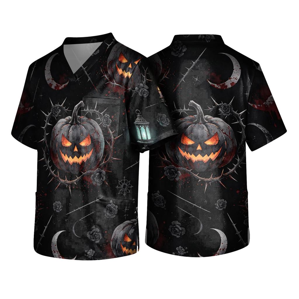 Camisa de Uniforme de Trabajo para Hombre de Manga Corta con Estampado de Halloween
