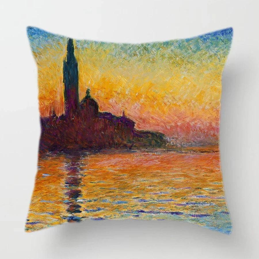 Claude Monet Polyester Printing Cushion Cover Sofa Landscape World Famous Oil Painting Throw Decorative Pillow Case Home Decor