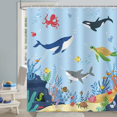 Tenda da Doccia Oceanica per Bambini Sott'acqua Delfino Pesce Blu Tenda Decorativa da Bagno Tessuto in Poliestere Lavabile Tenda da Bagno