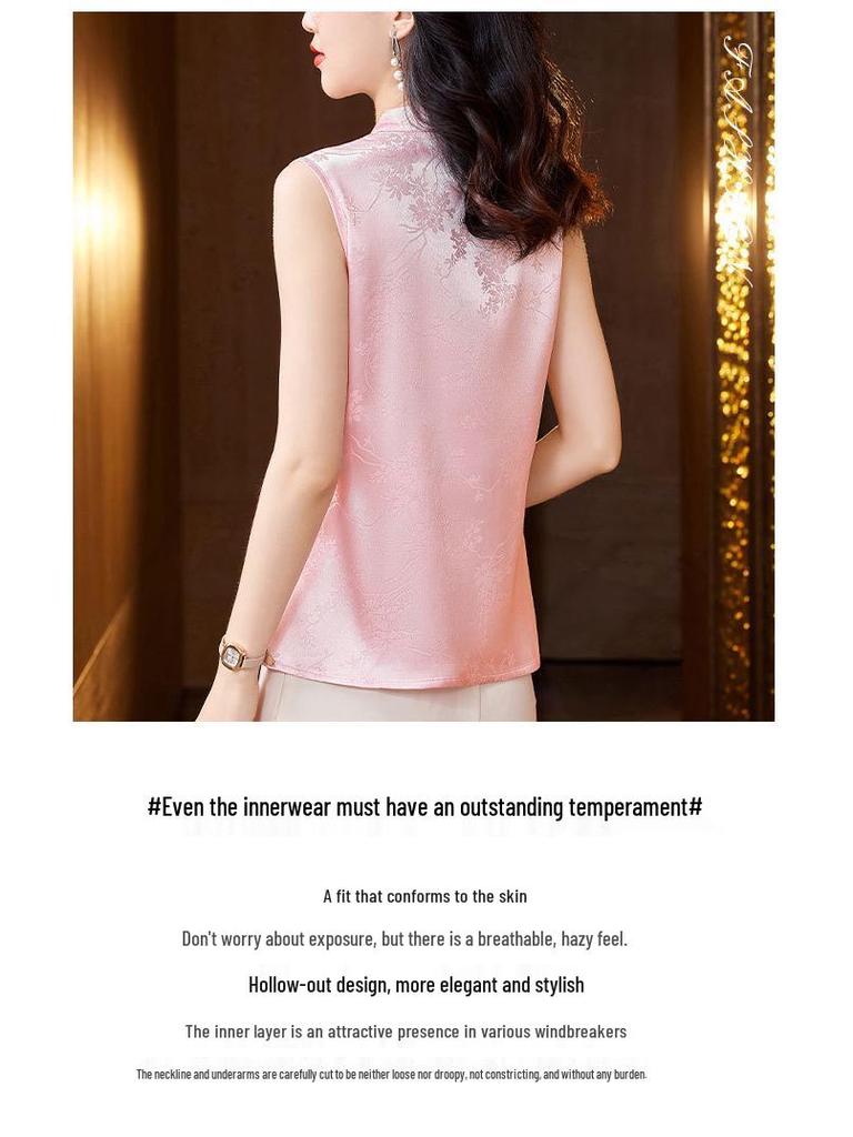 2024 Retro Chinese-Style Jacquard Vest with Frog Buttons & Stand Collar - Women's Sleeveless Innerwear