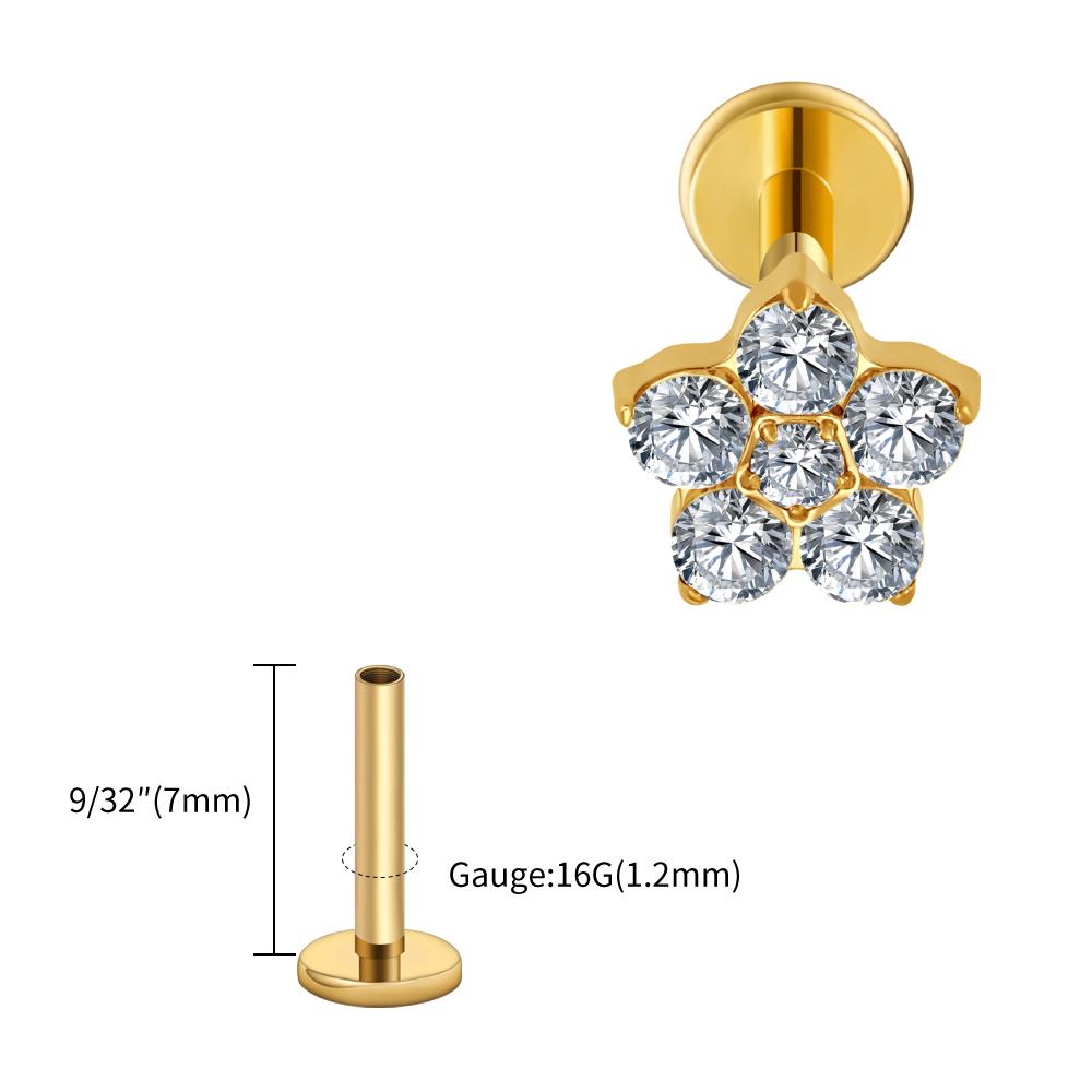Right Grand ASTM F136 Titanium 5 CZ Flower Lip Labret Monroe Stud 16G Floral Cartilage Helix Earring Flat Back Piercing Jewelry