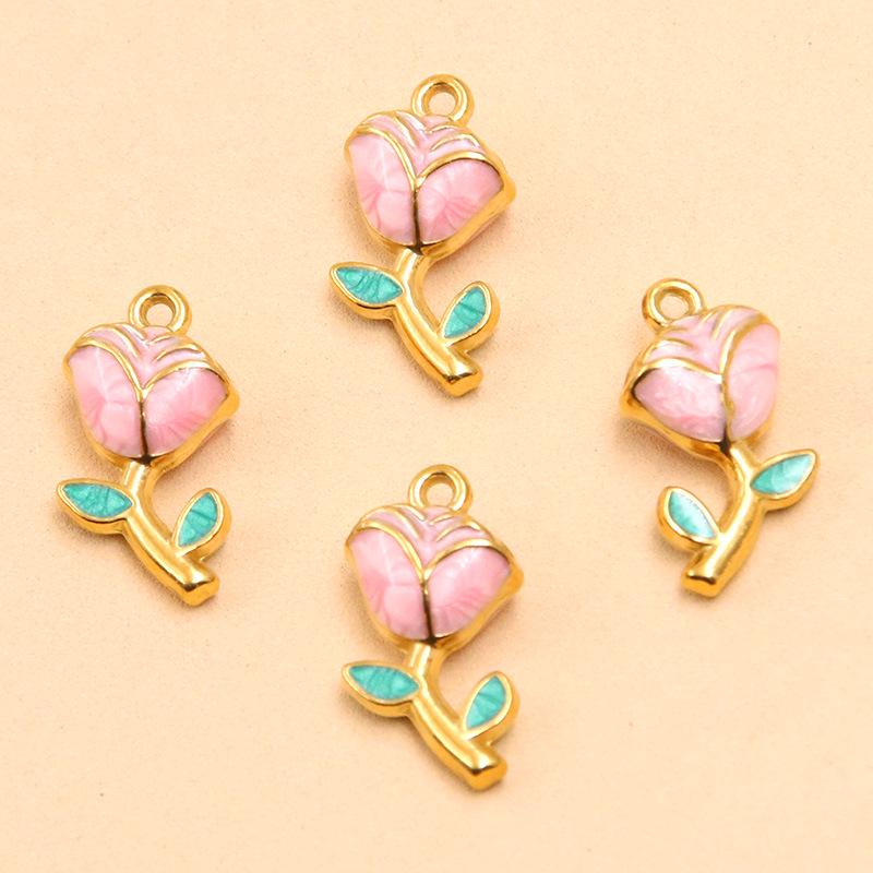 9x17mm Gold-Tone Stainless Steel Plant Charm Pendant for DIY Jewelry