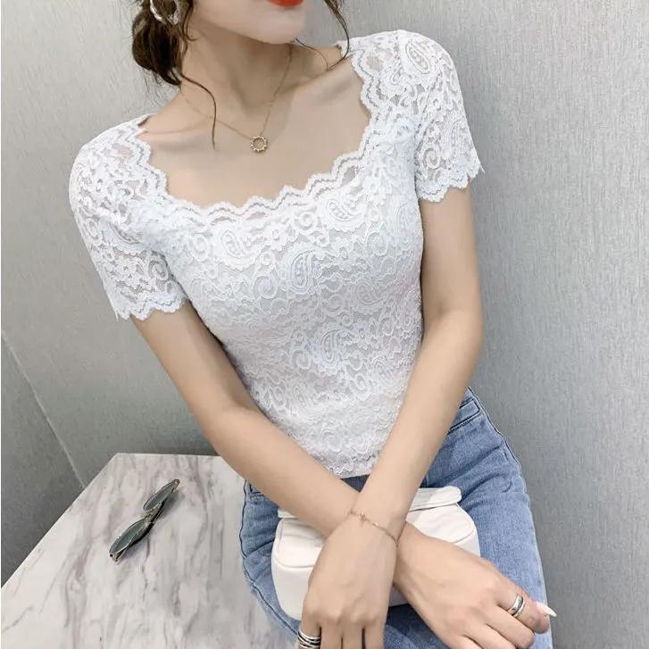 Women Summer  Lace Blouse Short-Sleeved Square Collar Solid Cutout Shirts