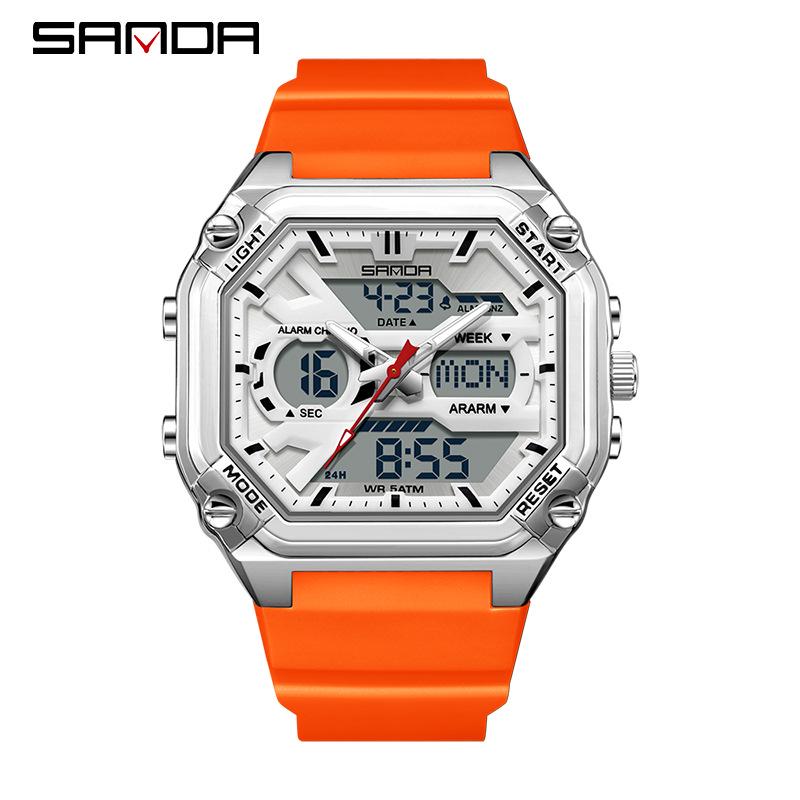 Sanda Men's Multifunctional Waterproof Electronic Watch - Trendy Timer with Dual Display & Three-Time Zone Outdoor Alarm.