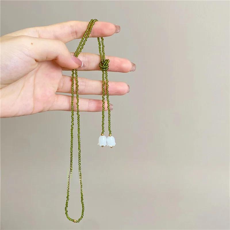 

Lily of The Valley Pendant Necklace Women Green Crystal Beads Sweater Collares Long Necklace 20mm Baroque Neck Jewelry