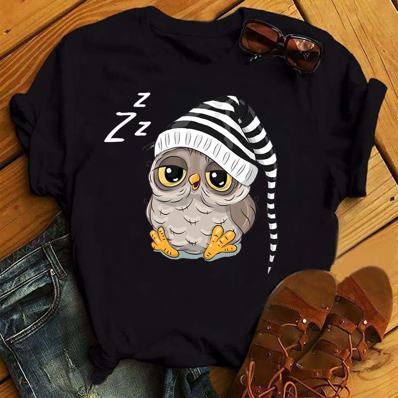 Cute Cartoon Owl Print Graphic T-shirt Women's Casual Short-sleeved O-neck Harajuku Top